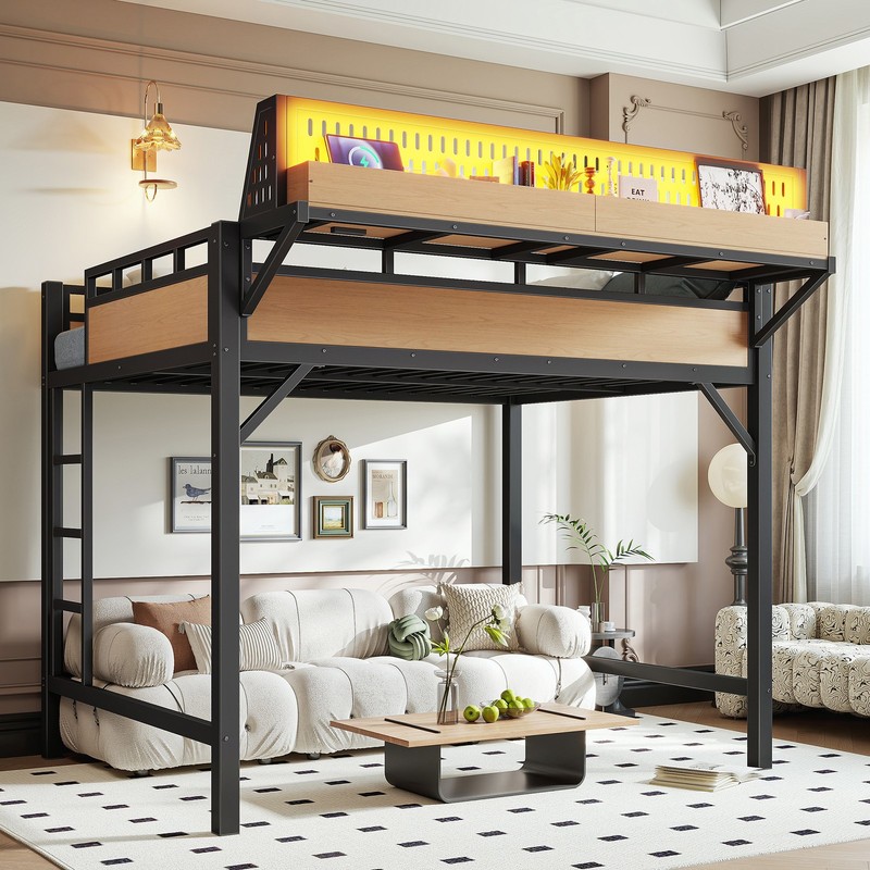 Full Size Loft Bed Frame With Storage Shelves, A Pegboard, USB Ports And LEDs gallery