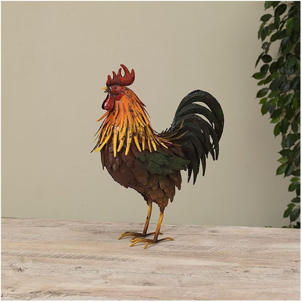 Metal Rooster Figure Multi Color Metal Sculpted Feathers 16" tall Standing gallery