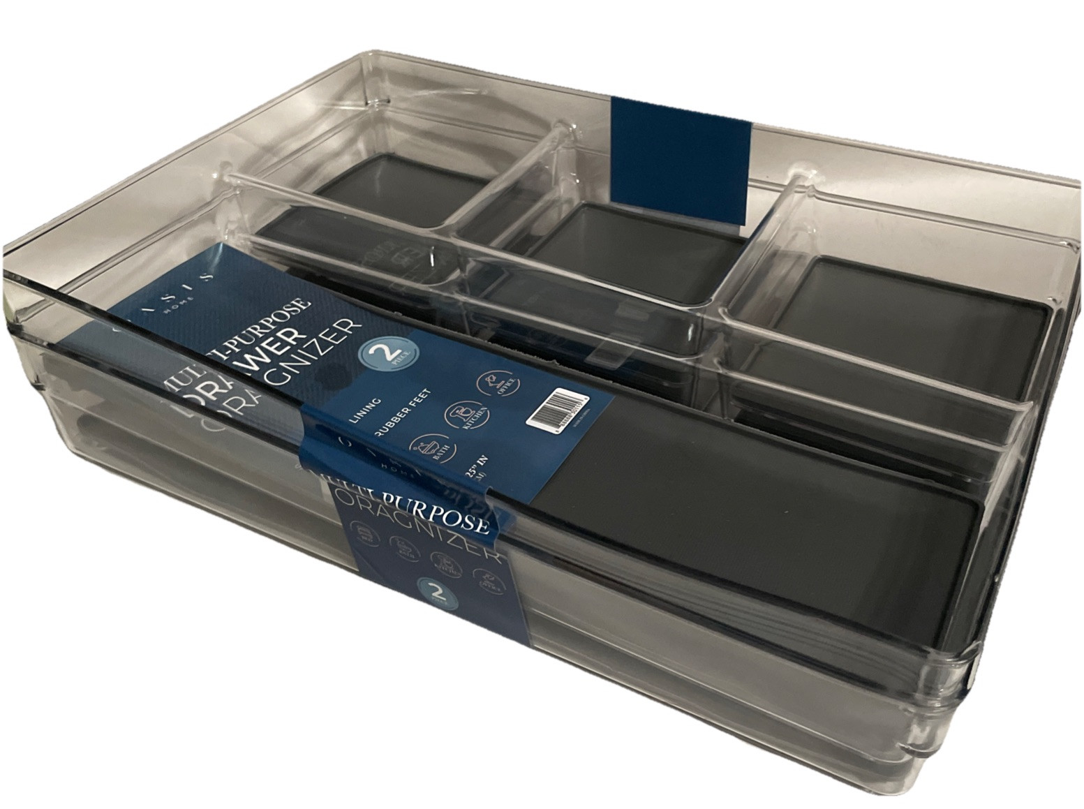Oasis Multi-Purpose Clear Drawer Organizers, silicone liner 13”x9”x2.25” 2 Pack gallery