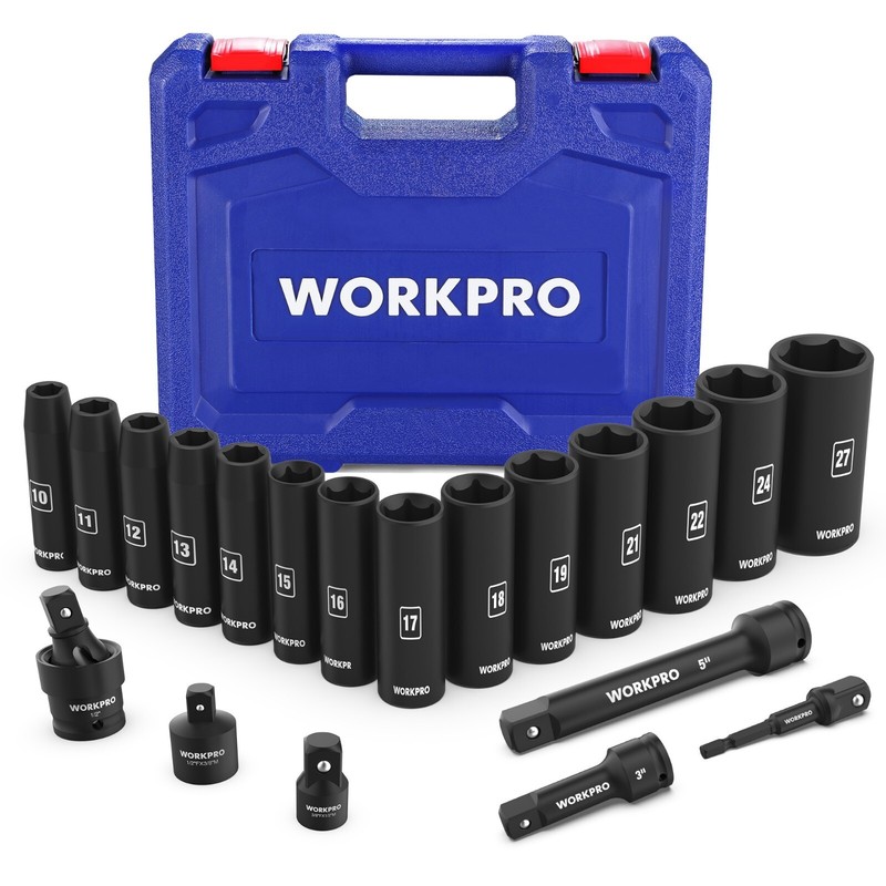 WORKPRO 20-Piece 1/2＂ Drive Deep Impact Socket Set, 6-Point, Cr-V Steel 10-27mm gallery