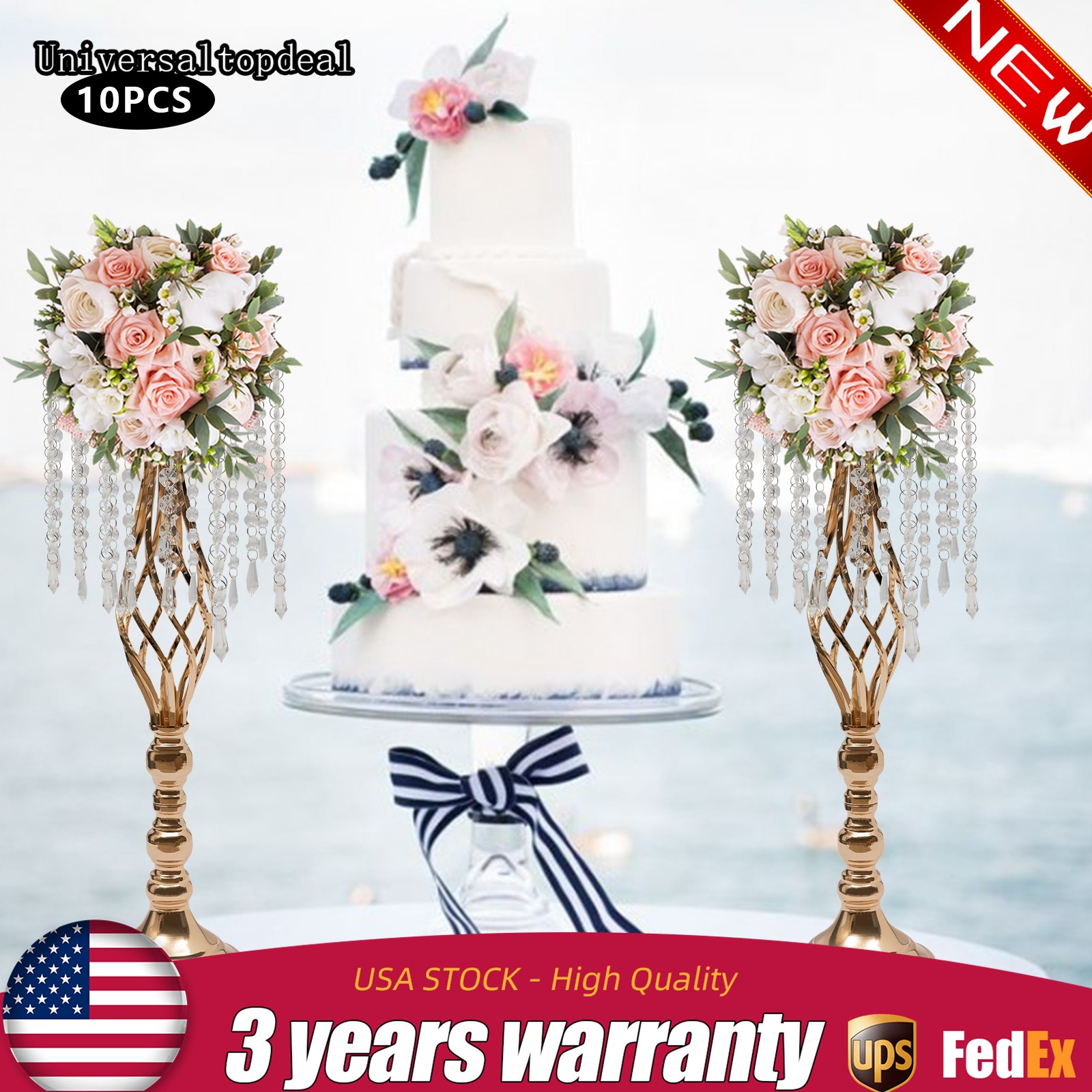 10Pcs Crystal Flower Stands Vases 55cm Wedding Centerpieces Dining Table Gold US gallery