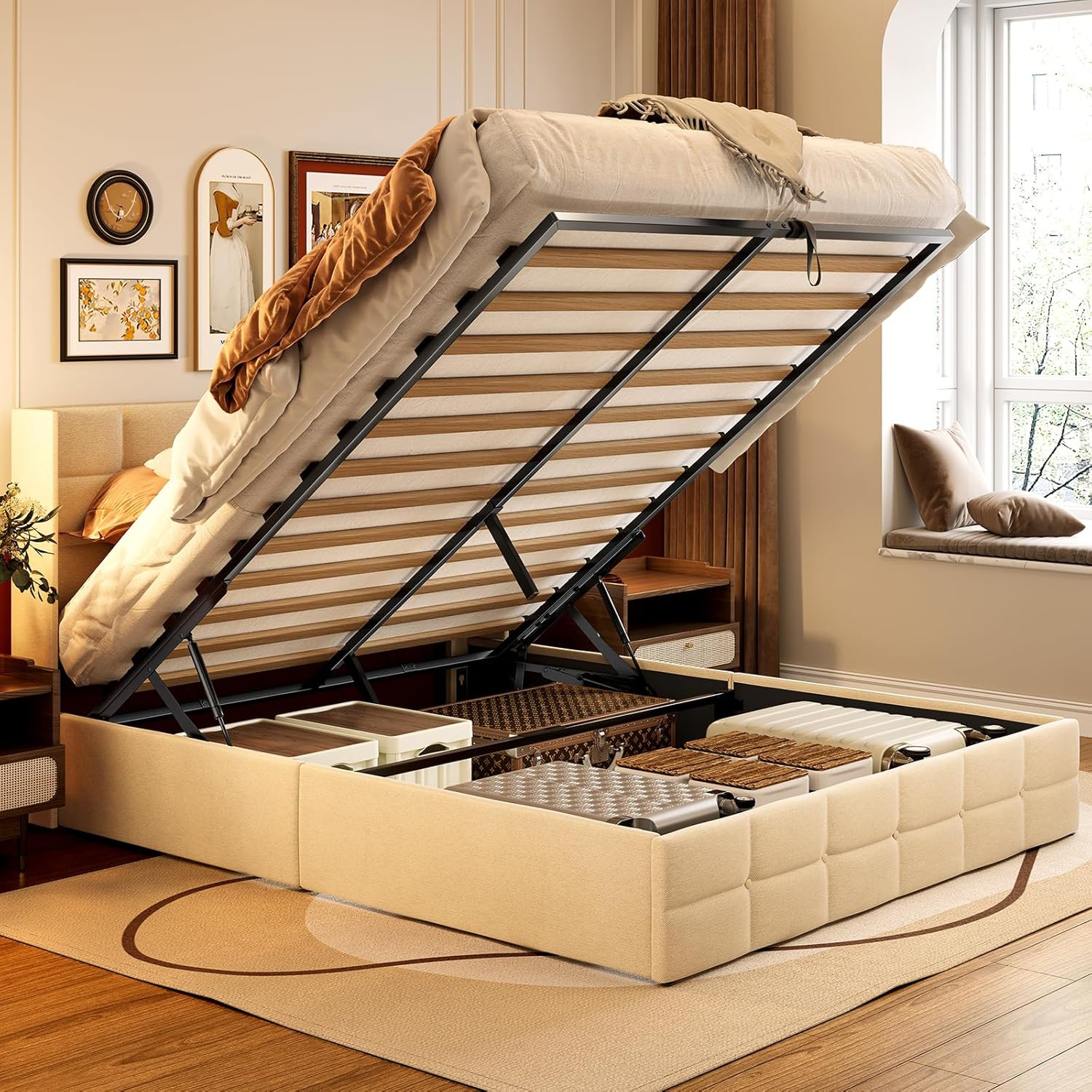 Queen Lift up Storage Bed with Storage, Upholstered Platform Bed Frame with Mode gallery
