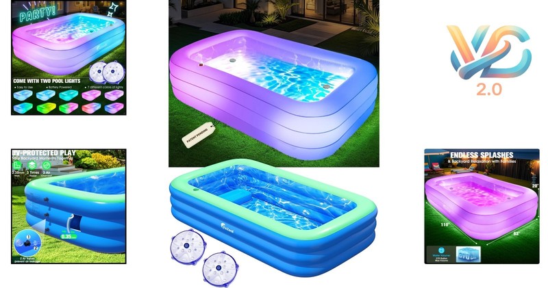 Inflatable Pool with Lights, 110x63x20in Adults Large, Cyan, Durable PVC gallery