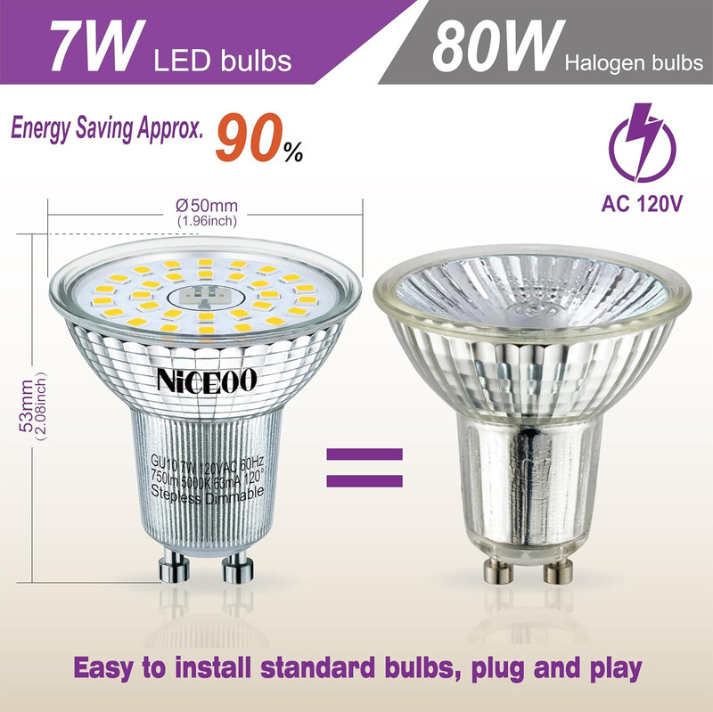 GU10 7W LED Dimmable Light Bulb, Equivalent 75W Halogen, 5000K Daylight White... gallery