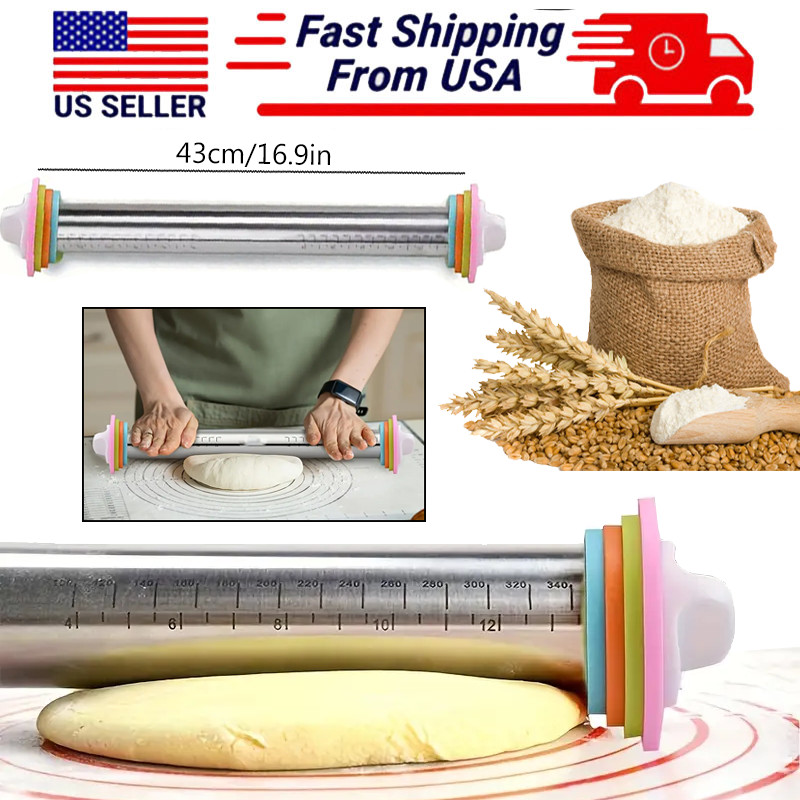 Stainless Steel 16.9 inch Adjustable Rolling Pin With Thickness Ring Non Stick gallery