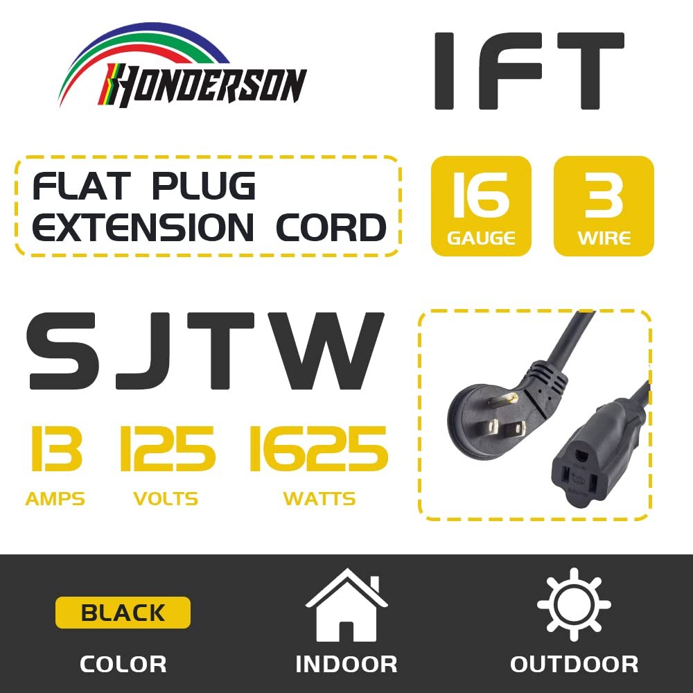 HONDERSON Flat Plug Indoor Extension Cord, UL Certified, 16 Gauge 1FT Black 3... gallery