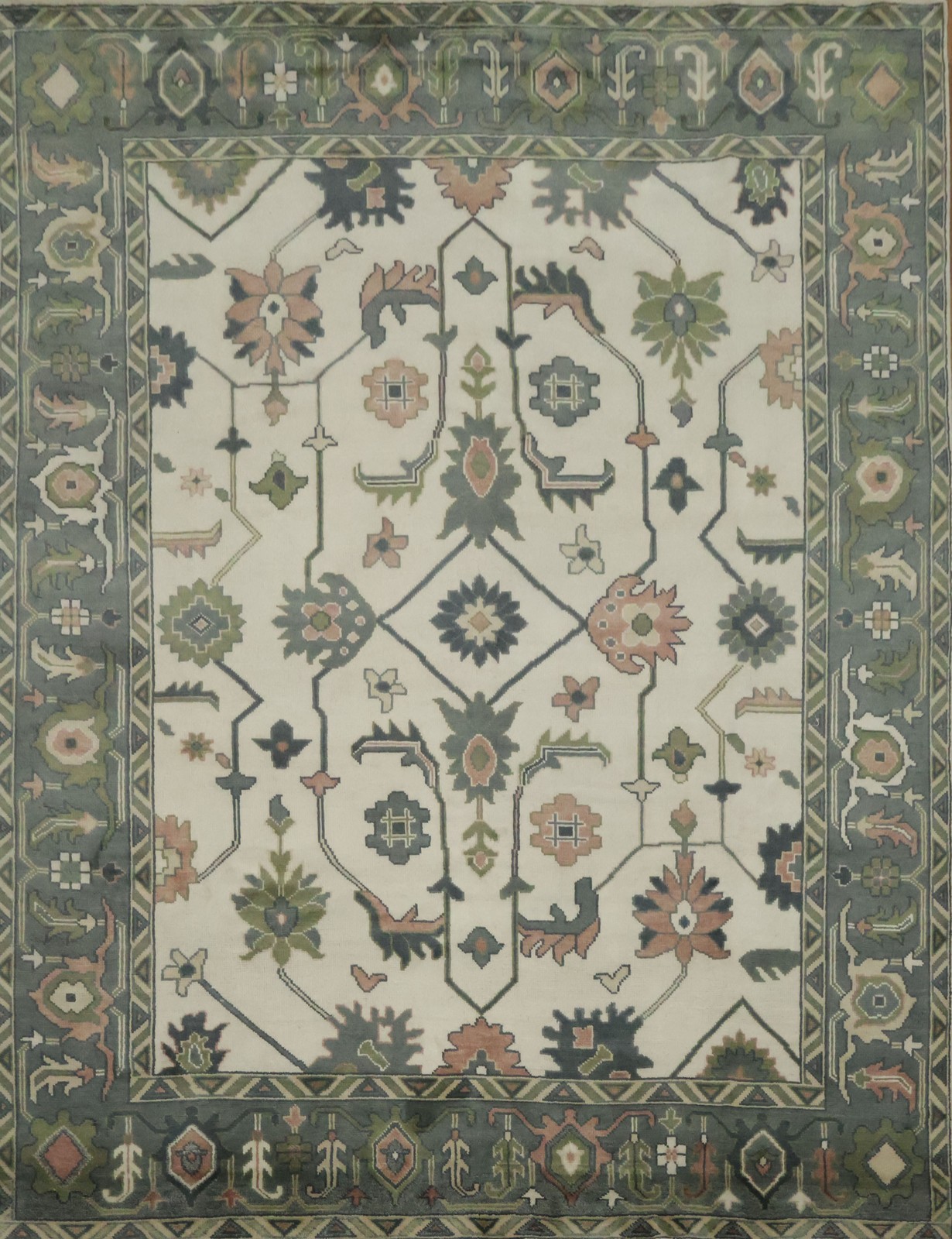 Hand-Knotted Wool Area Rug 9x12 Ft Ivory Sage Green Traditional Floral Carpet gallery