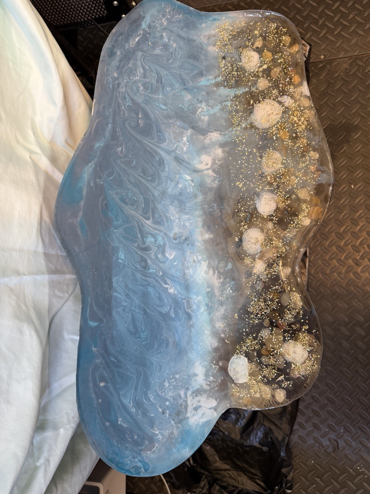 Handmade Resin Coastal Free Form End Table Blue Gold Ocean Theme 24x14.5x17.5in gallery
