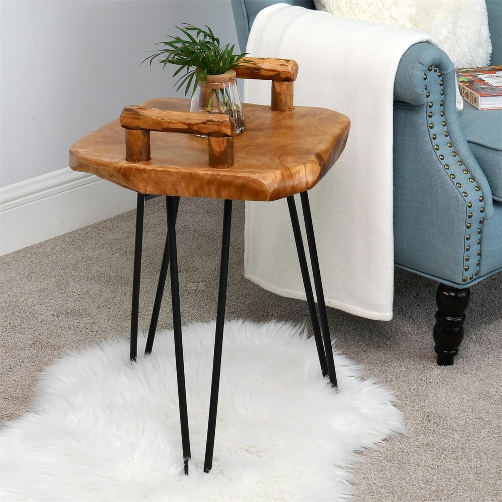 GREENAGE Cedar Service Tray Table, Natural Edge End Table 15" x 15" x 23.5" High gallery