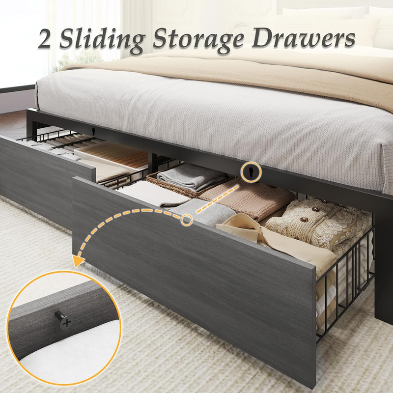 Queen Bed Frame LED Storage Headboard Drawers Charging Metal Rustic Grey gallery