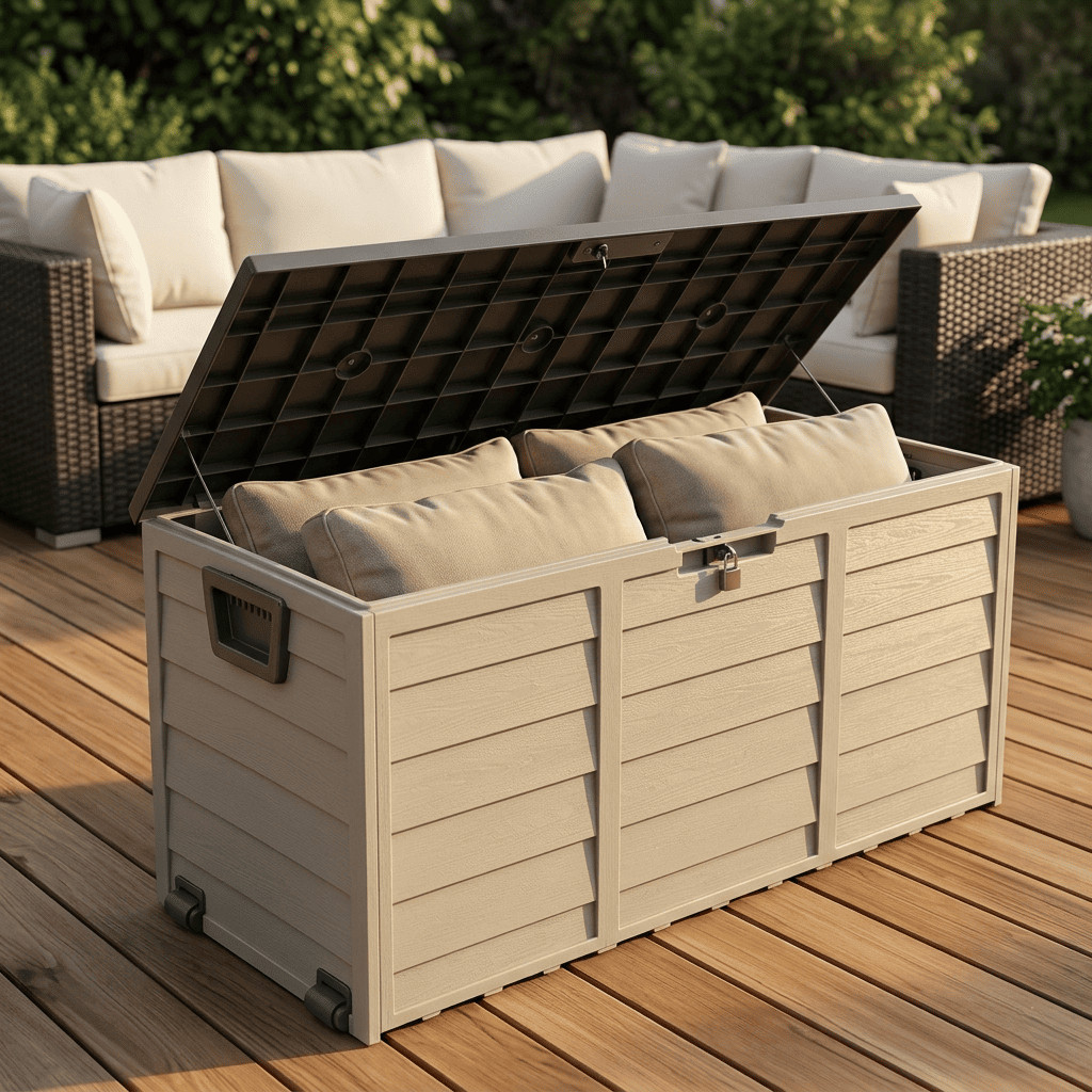 75 Gal Outdoor Garden Storage Box Resin Deck Chest Cushions Lockable Tools Brown gallery