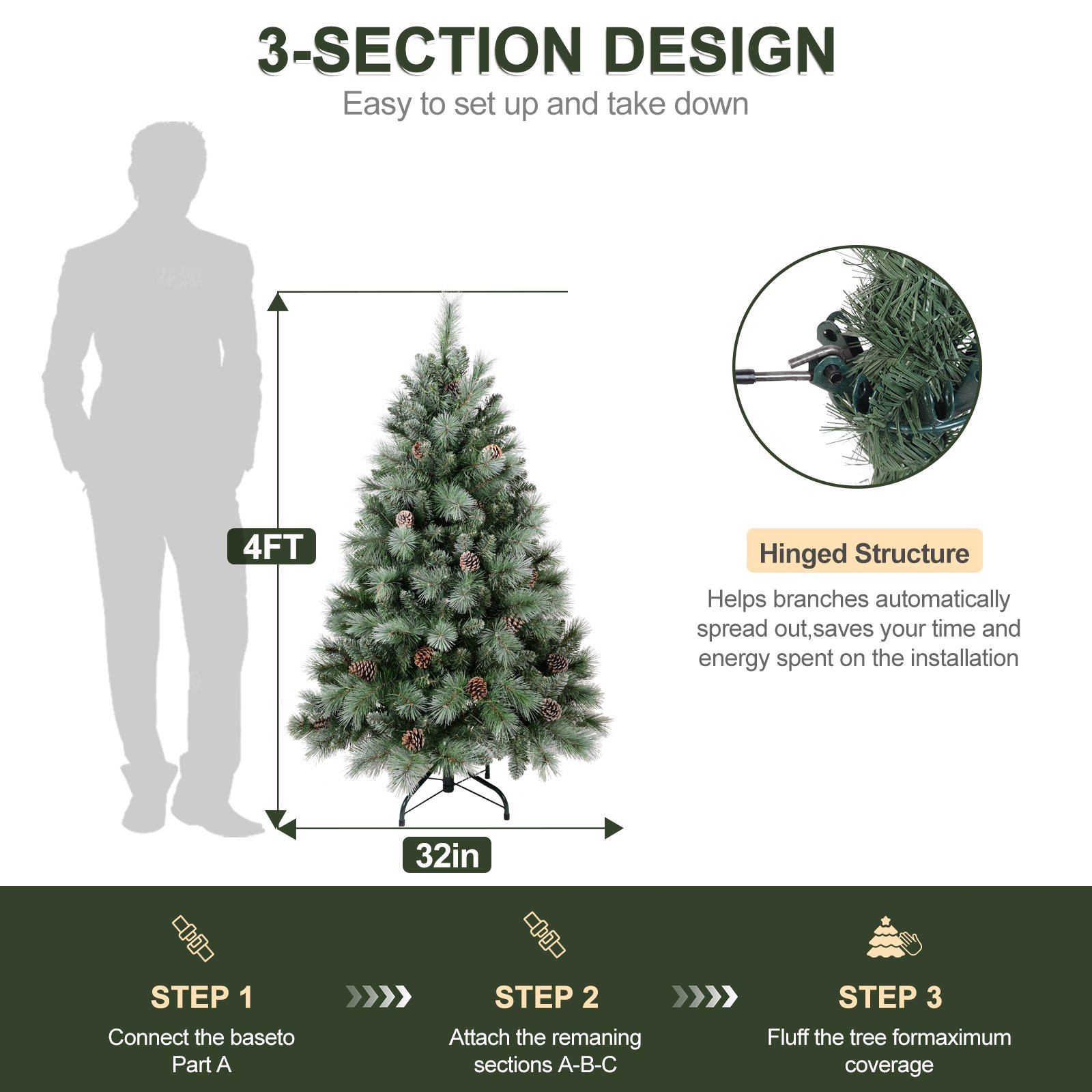 4-9 ft Green Artificial Christmas Tree Snow Frosted Xmas Tree w/ Pinecone-Unlit gallery