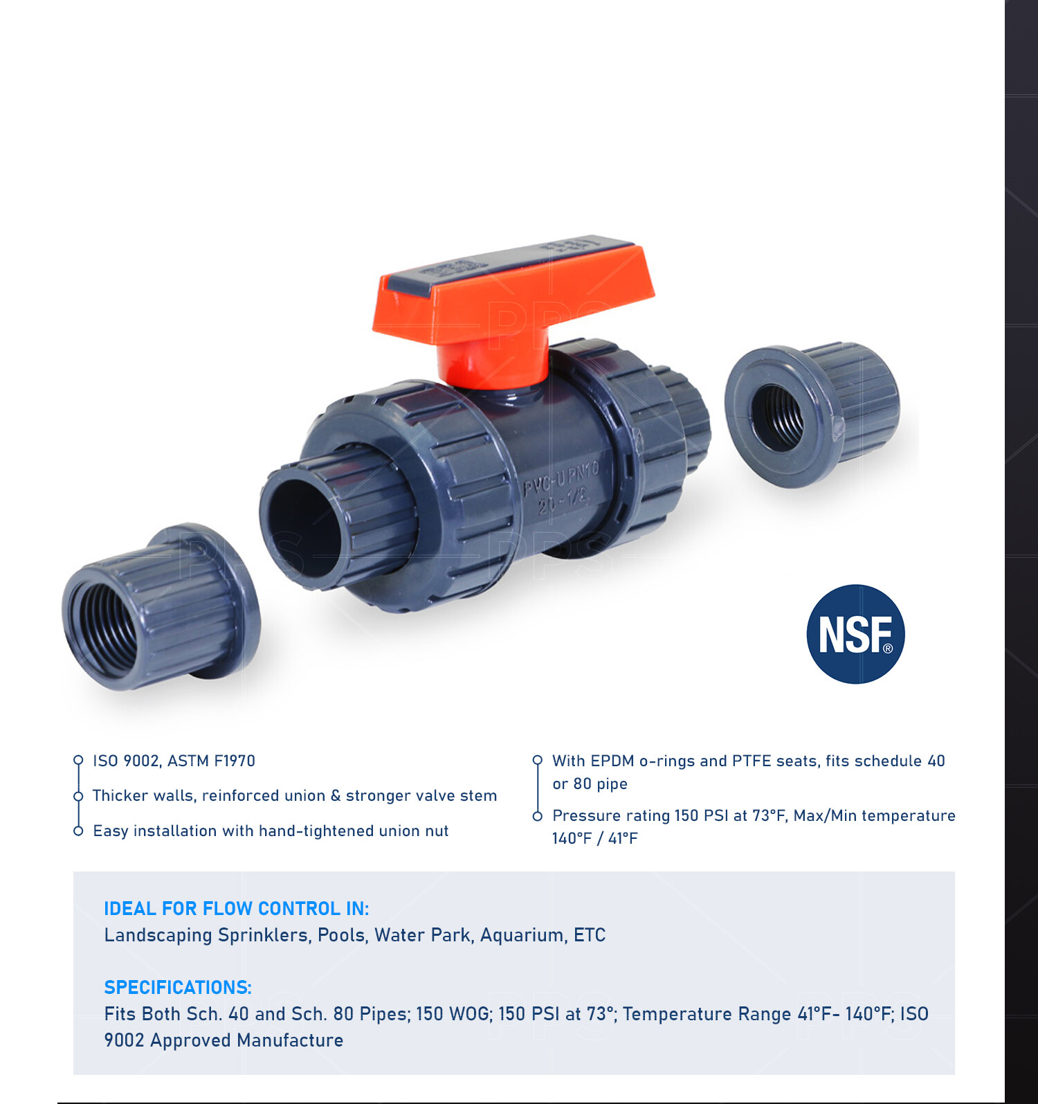 True Gray Union PVC Ball Valve Socket Slip Solvent/Thread Schedule 40/80 Pipe gallery