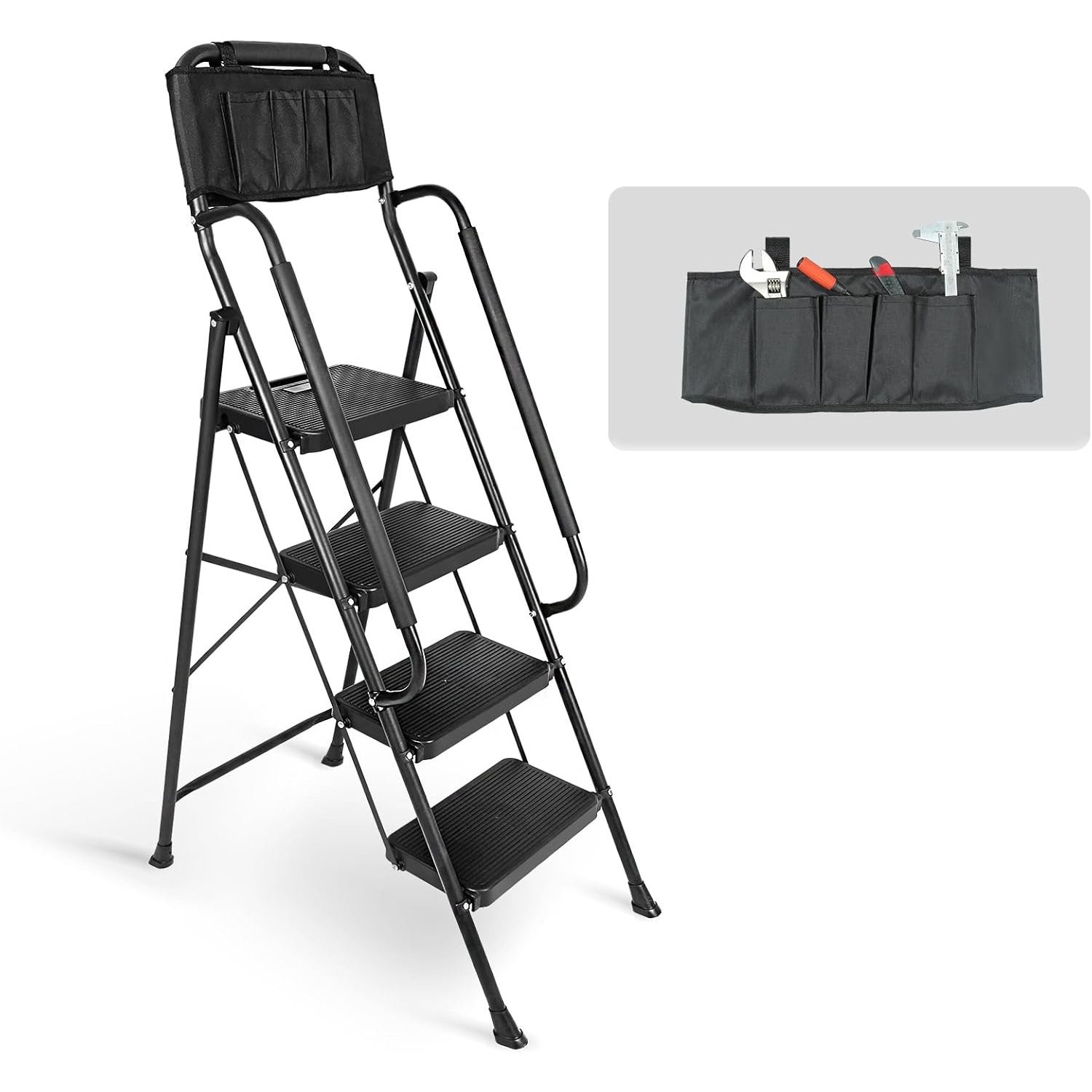 4 Step Ladder+Handrails & Attachable Tool Bag, Folding Step Stool Ladder 330 lbs gallery