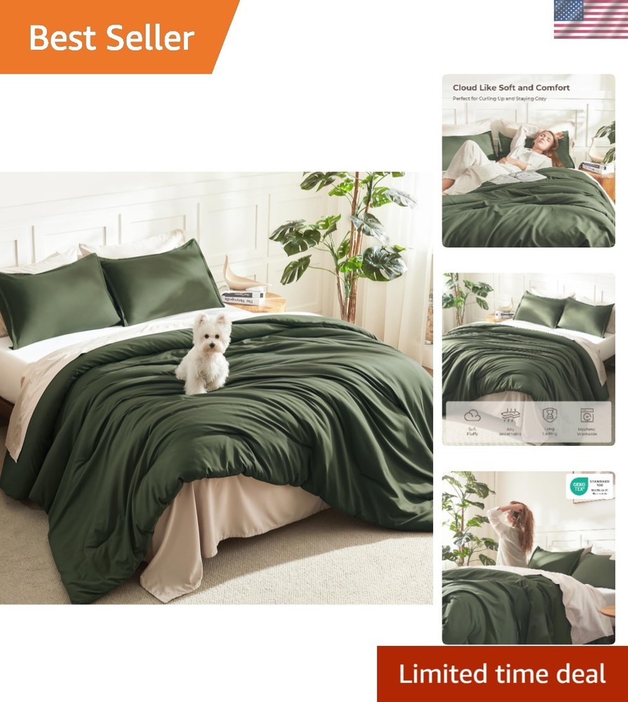 Dark Olive Green Comforter Set Queen, 3 Pieces Solid Bedding Comforter Set, A...