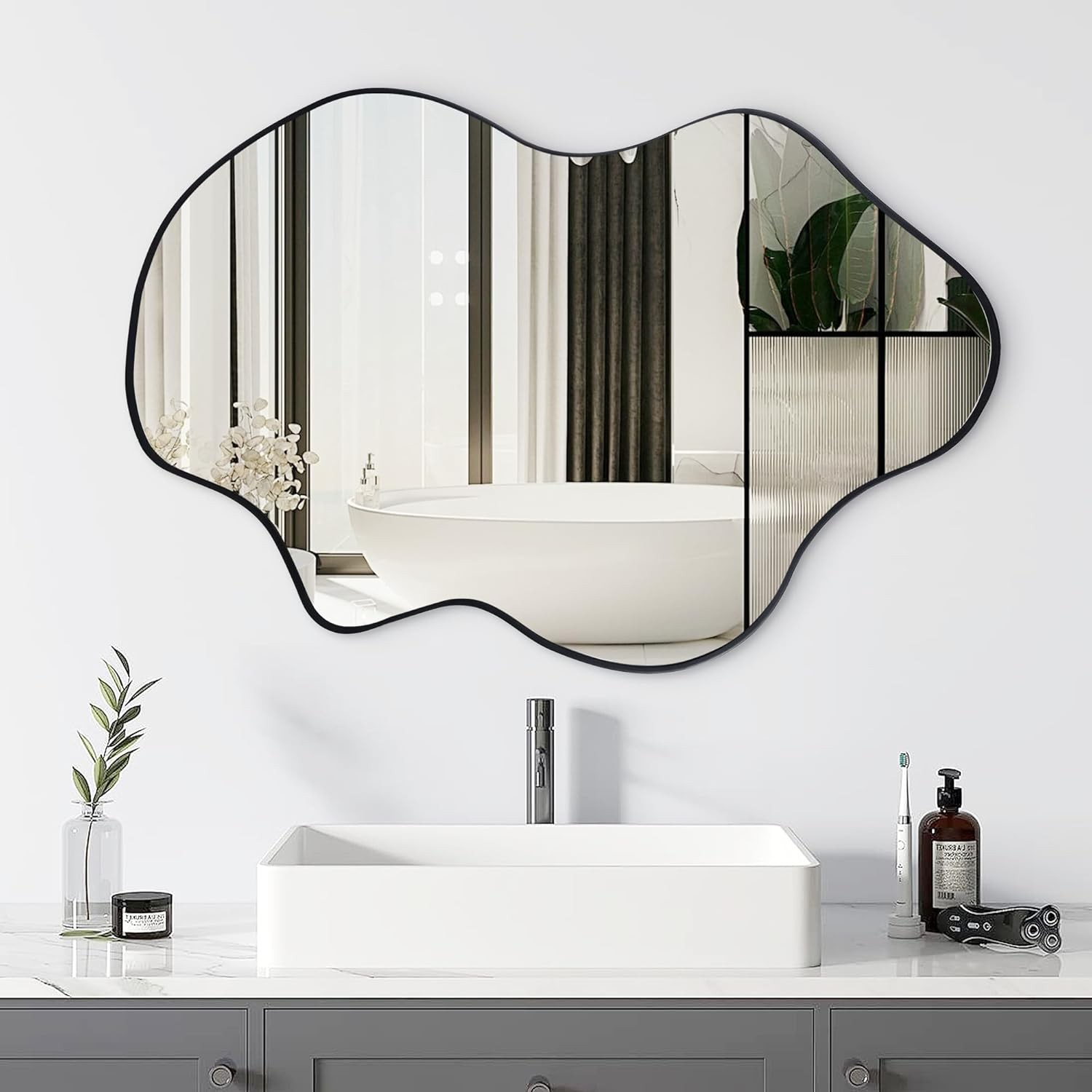 Asymmetrical Mirror 24x36 Inches Framed Wall Hanging Mirror for Bathroom Home gallery