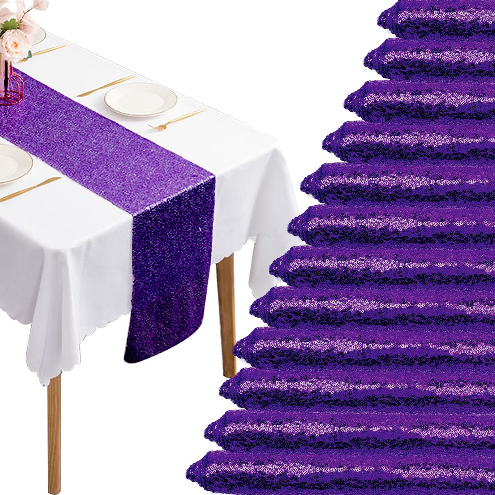 12 Packs 12 X 108 Inch Purple Sequin Table Runner Glitter 12" x 108", gallery