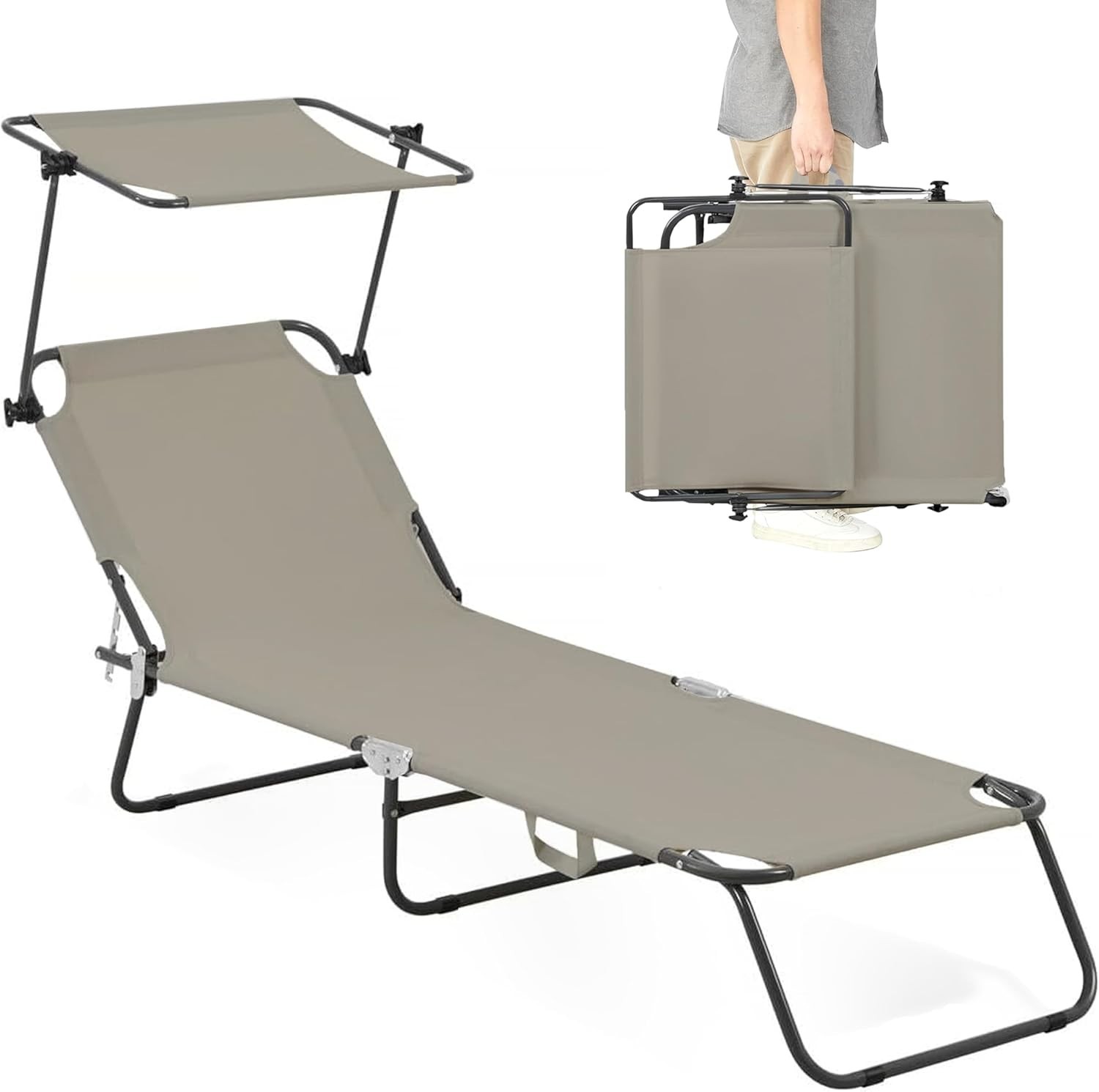Folding Outdoor Lounge Chair with Canopy - Portable & Adjustable, Taupe gallery