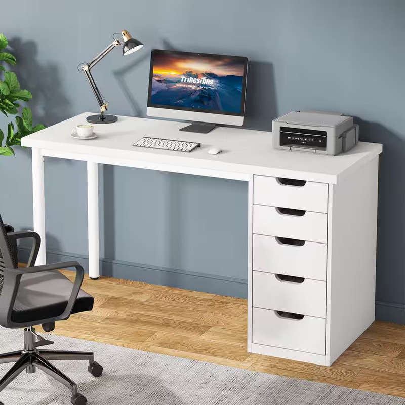 Havrvin 47 In. Rectangular White 5-Drawer Computer Desk, Modern Study Writing Ta gallery