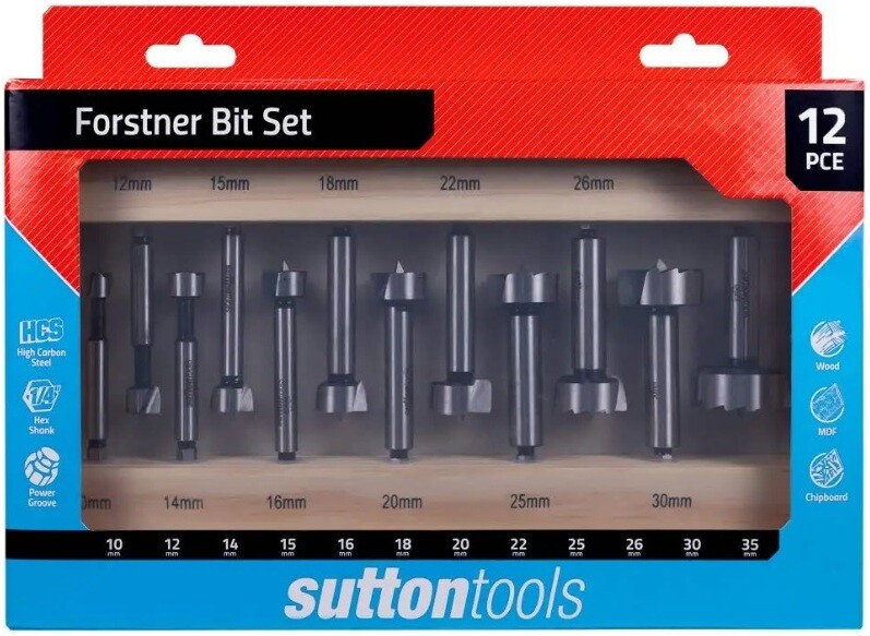 SUTTON TOOLS 12pce 10-35mm HCS TIMBER / WOOD FORSTNER BIT SET IN WOODEN CASE gallery