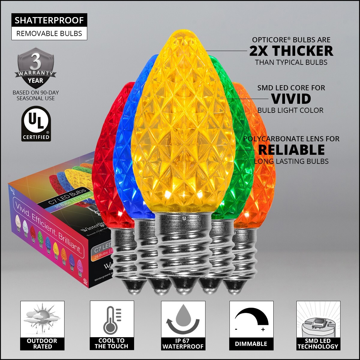 50 C7 OptiCore Shatterproof LED Christmas Lights Faceted Finish, Green Wire 50ft gallery