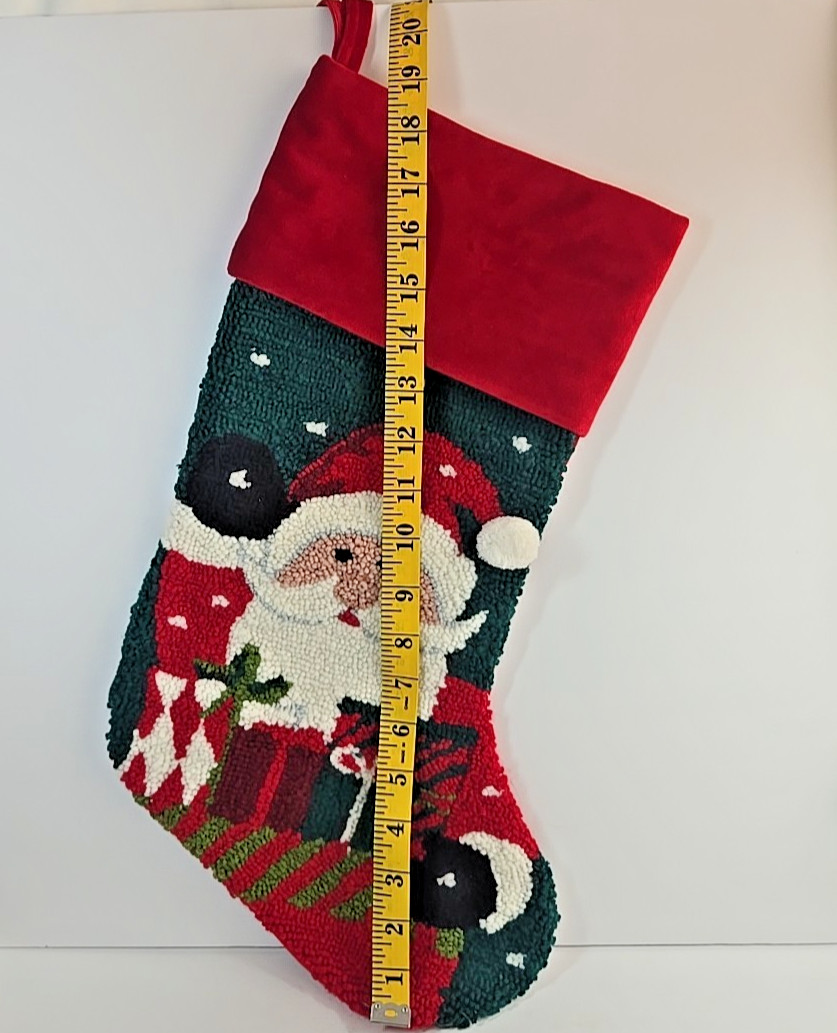 Christmas Stocking Punch Needle Santa Red Velvet Back Needlepoint 18" gallery