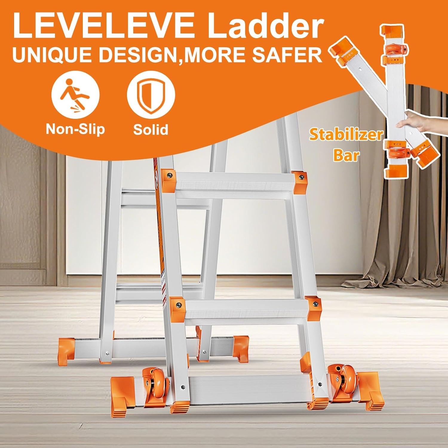 22FT Extension Ladder,A Frame 6 Step Ladder with Stabilizer Bar Wheels 330 lbs gallery