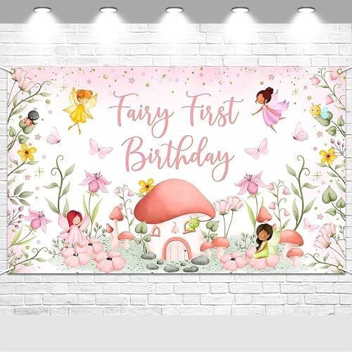 Fairy First Birthday Backdrop Banner – 6×3.6 ft Pink Fairy “One” Party gallery