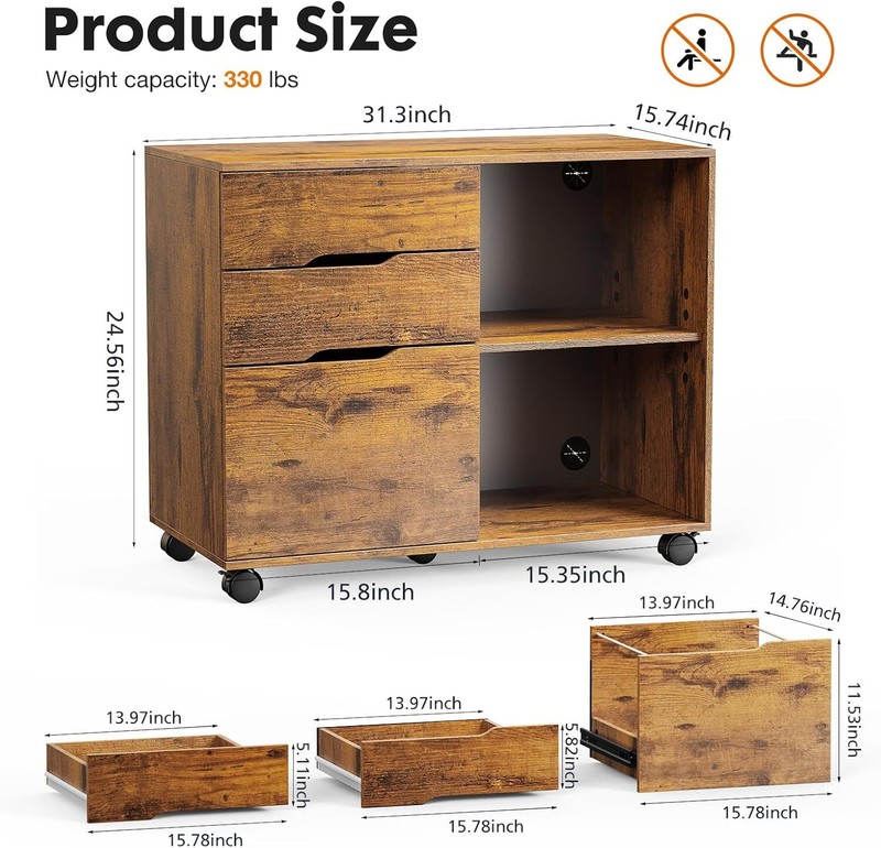 3-Drawer File Cabinet Lateral Mobile Cabinet Wood Under Desk Storage Organizer gallery