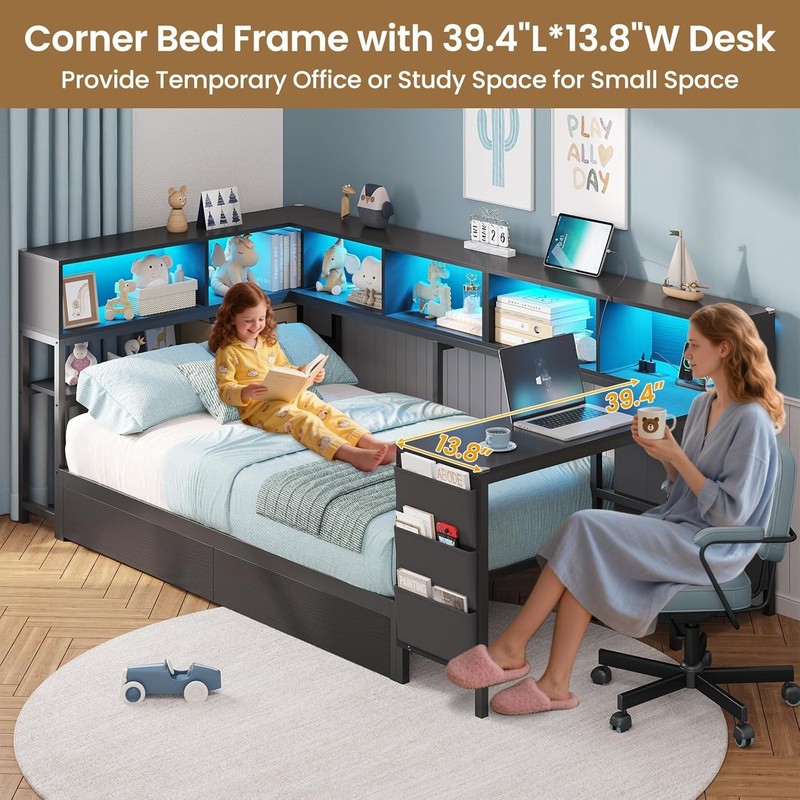 Twin Corner Bed Frame Daybed with Desk,Bookcase Storage,Charging Station, gallery