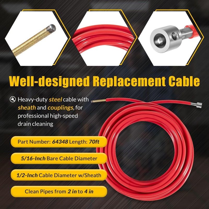 Replace for FlexShaft Cable Assembly 64348 K9-204, 5/16"x70ft, for 2 to 4" Pipes gallery