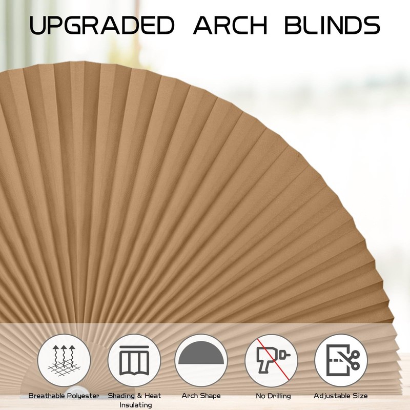 Arch Small Window Shade Curtains Half Circle Moon Pleated 24"W x 12"H, Brown gallery