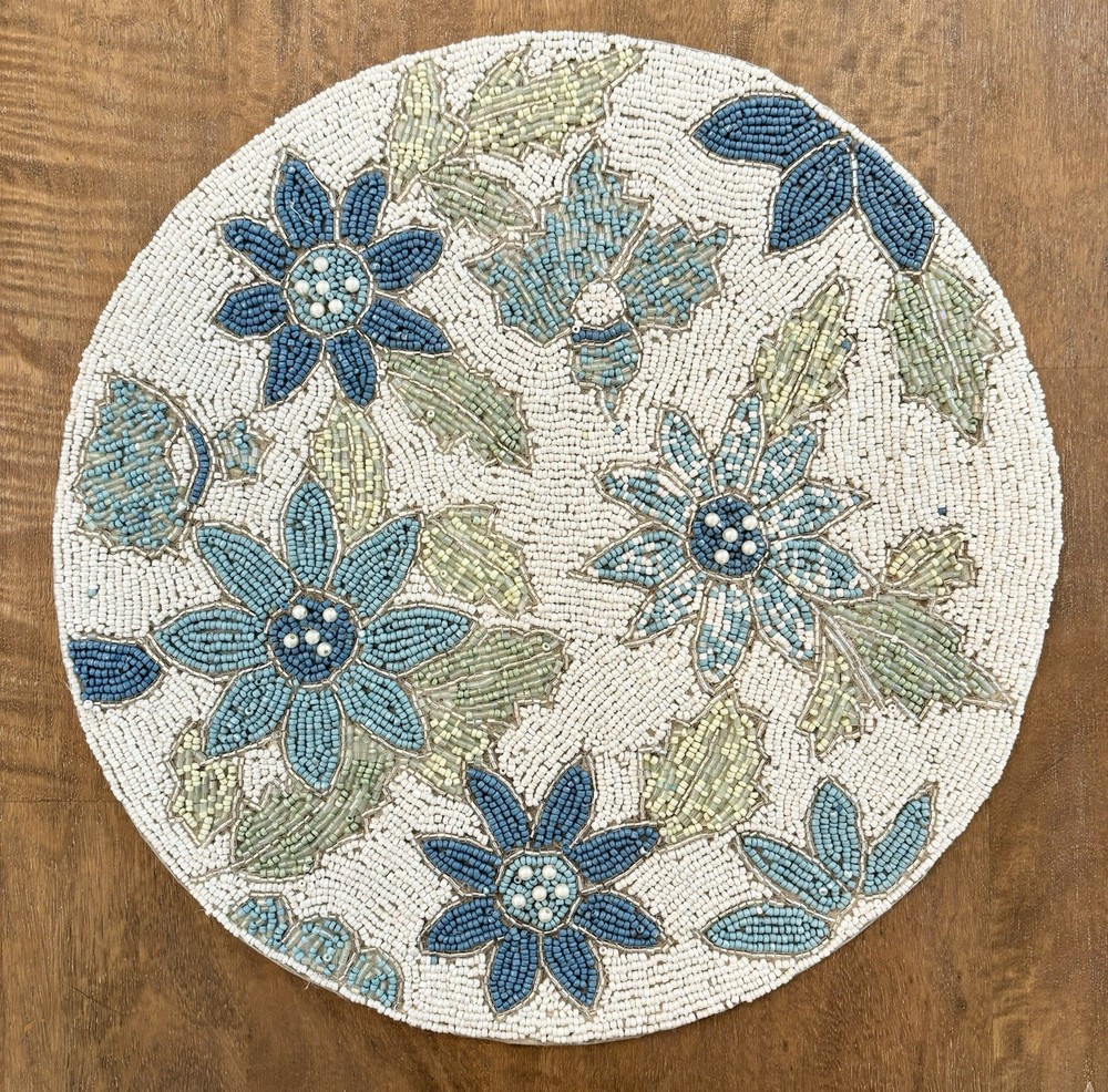 Spring Summer Blue Flowers Beaded Placemat Charger Tahari 15.5" Round - NEW