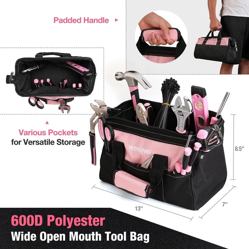 WORKPRO Pink Tool Set 277PC Apartment Essentials Hand Tool Bag Set with 13''Bag gallery