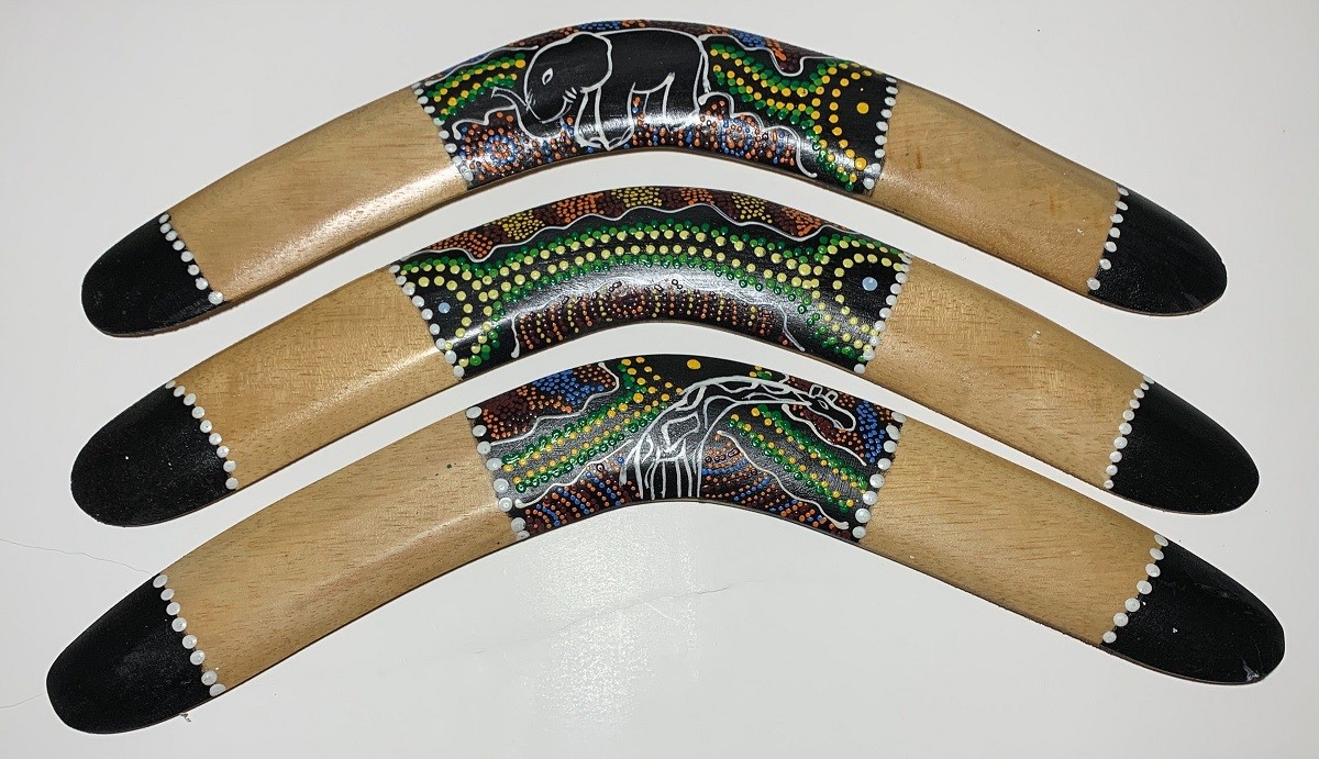 Scratch & Dent Set of Three Aboriginal Dot Painted Boomerangs gallery