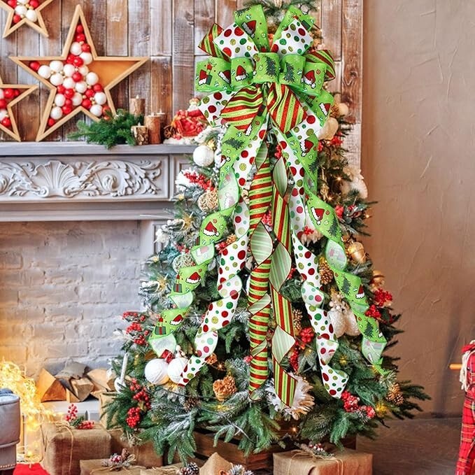 Festive Multi-Pattern Christmas Tree Bow - Large 13" x 44" Holiday Topper gallery
