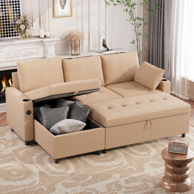 Sectional Sleeper Sofa Couch Leather Pull Out Bed Reversible Storage Chaise USB gallery