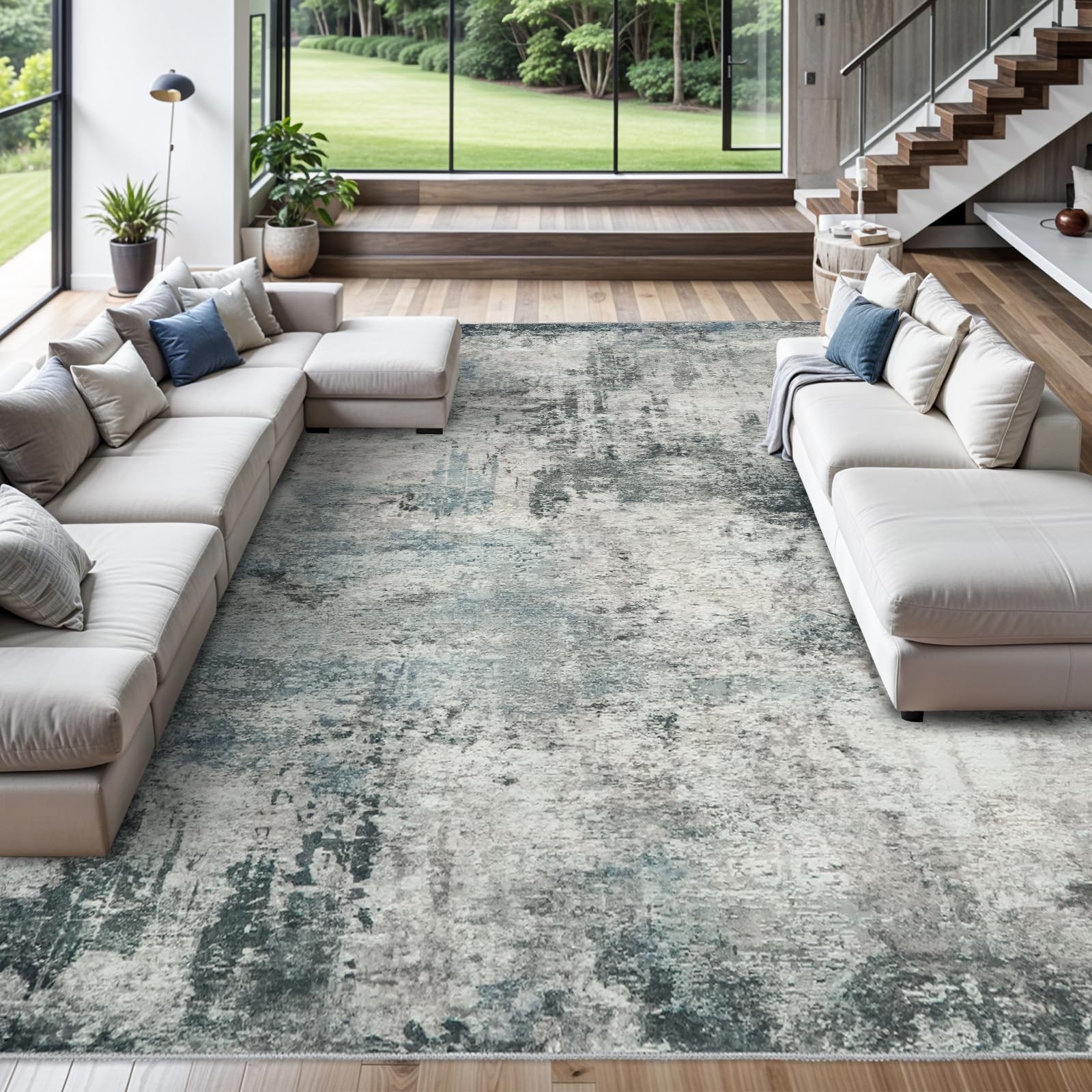 Area Rug 10x14 Washable Stain Resistant Non Slip Backing Blue RUUGME Abstract gallery