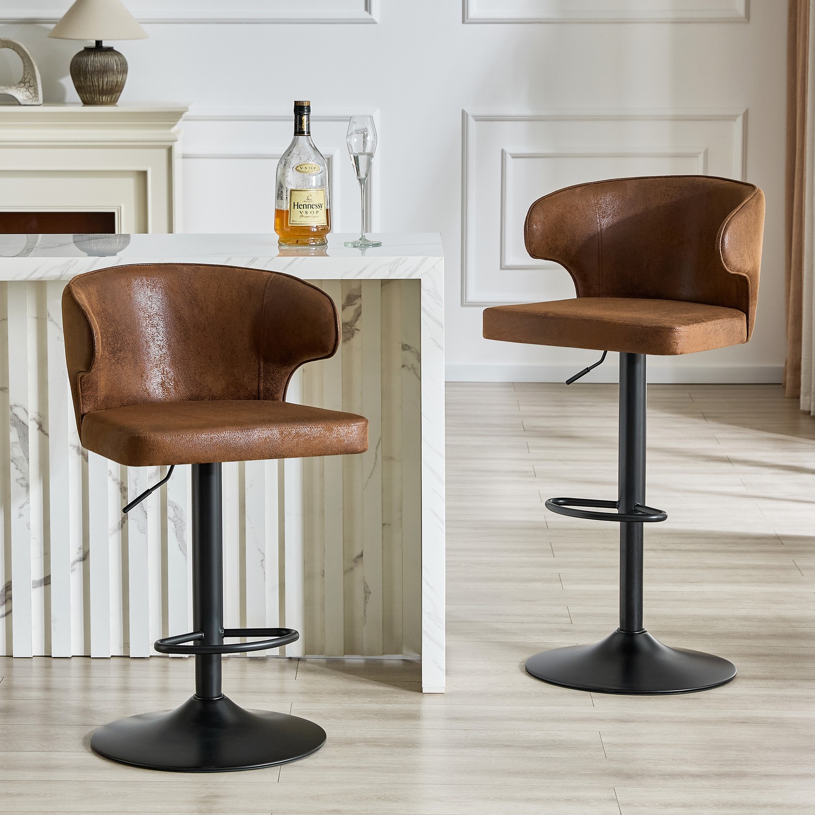 Adjustable Swivel Bar Stool with Backrest, Brown Suede, Set of 2 gallery