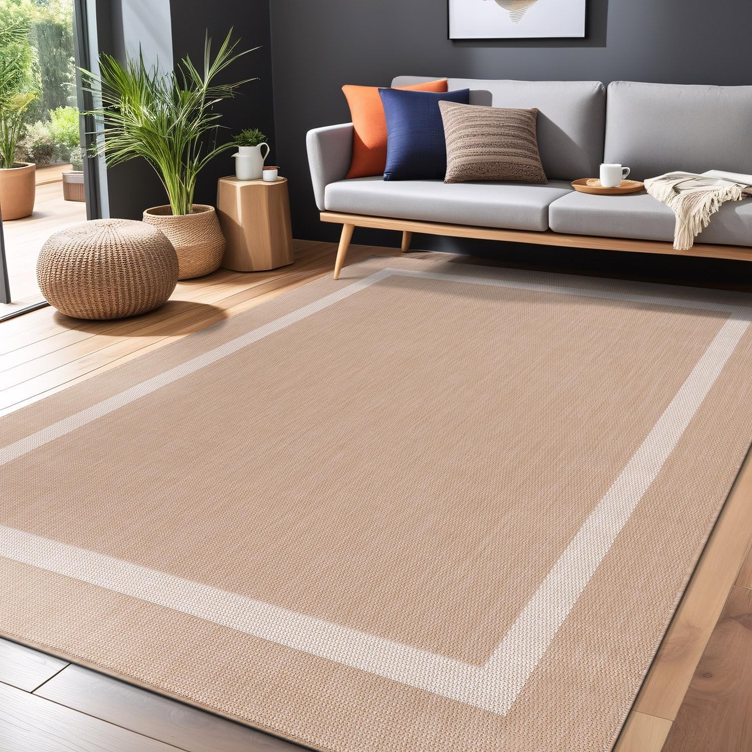 Outdoor Rug 10x14 Bordered Beige Washable Waterproof Patio Area Luul Home Carpet gallery