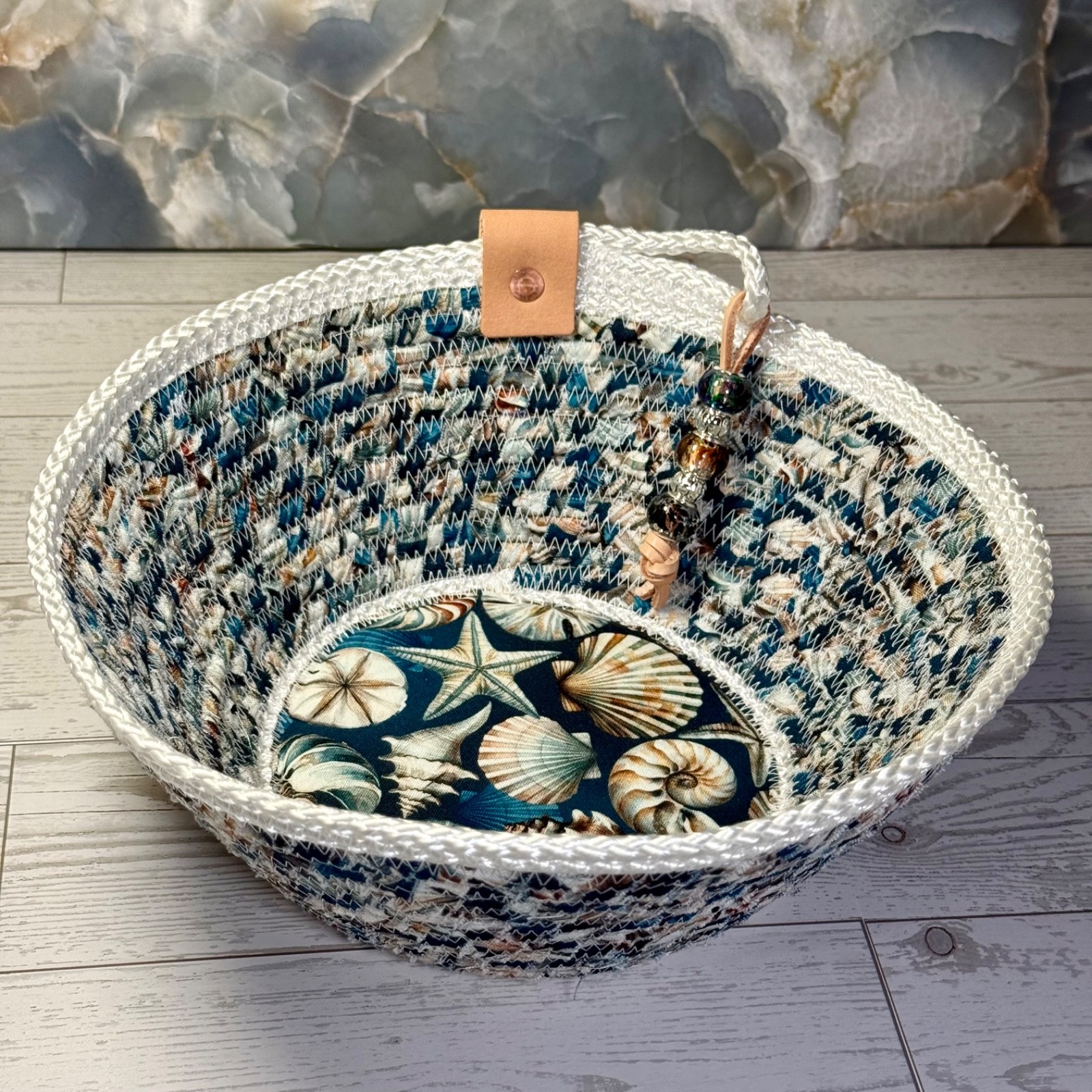 Sea Shells Starfish Clams Snails Handmade Fabric Wrapped Rope Bowl Video & Pics gallery