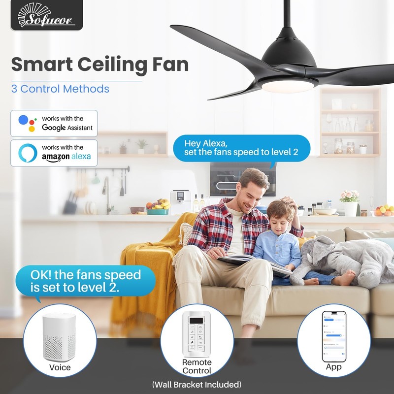 Sofucor 52 Inch Smart Ceiling Fan with Light, Modern Ceiling Fan with 3 Plast... gallery