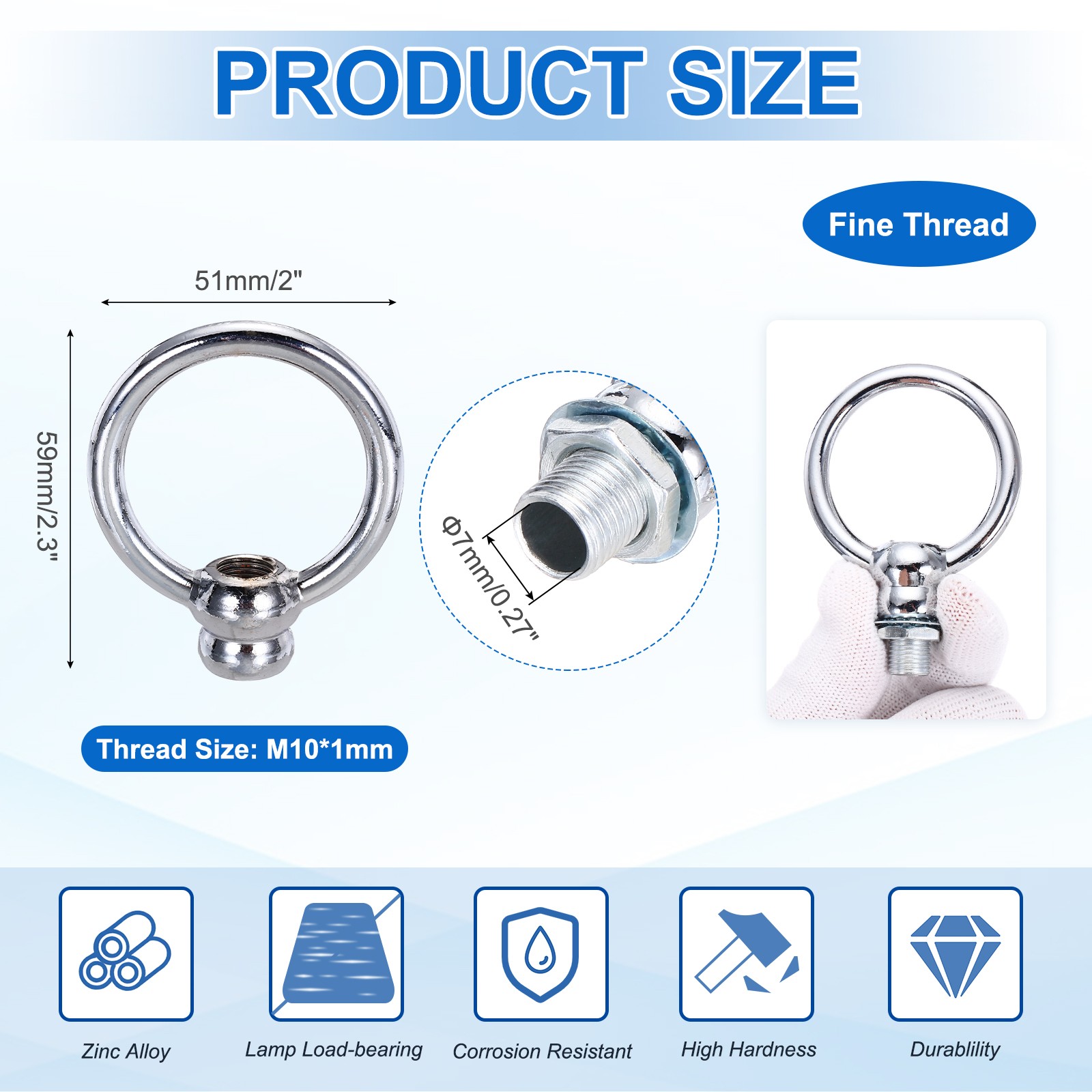 2 Set 8kg M10 2x2.3" Thread Lifting Eye Nut Holder Hook Ring Silver gallery