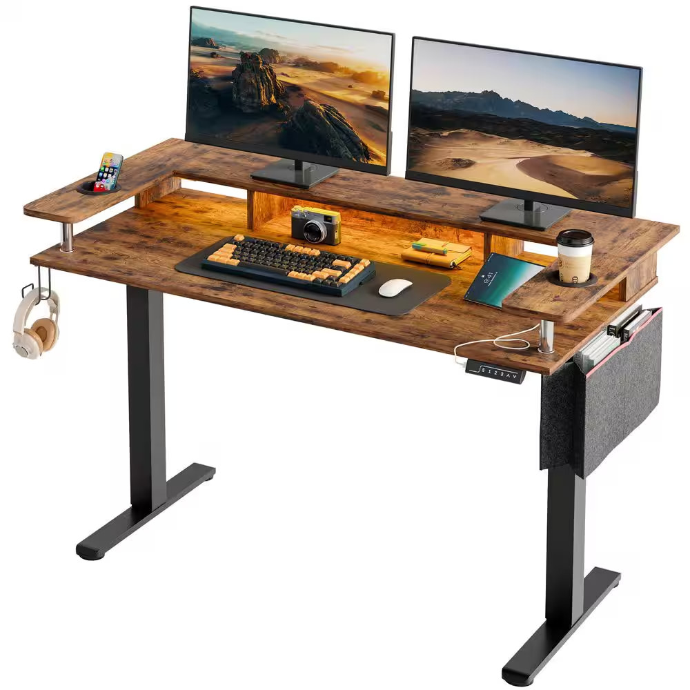 58 In. Rectangular Rustic Brown Wood Sit to Stand Desk with Monitor Stand and Cu