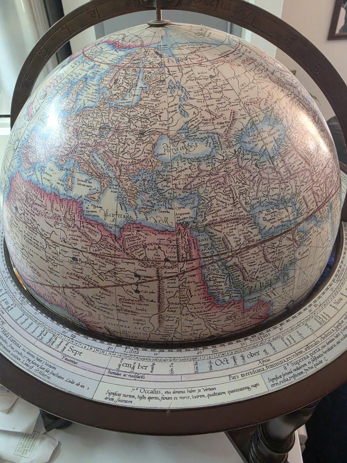 Antique Style Rotating Floor Globe, Dark Wood Base, Metal Semi-Meridian. Latin gallery