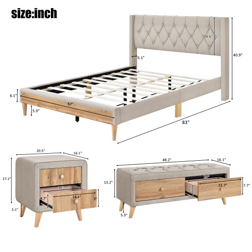 Full Queen Size Bedroom Sets Upholstered Platform Bed Frames Nightstands Bench gallery