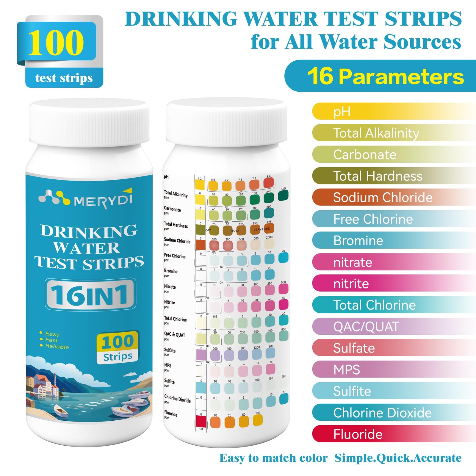 "16in1 Water Testing Kit for pH, Hardness, Fluoride & More 100 Test Strips" gallery