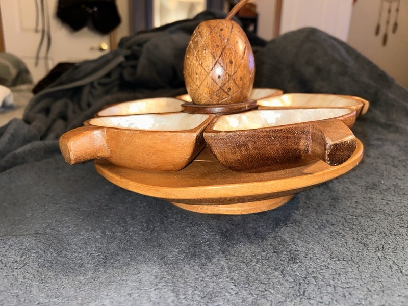 Serving Set, Unique Vintage, 1960’s Hand Carved Rain Tree Wood & Capiz Inlay gallery