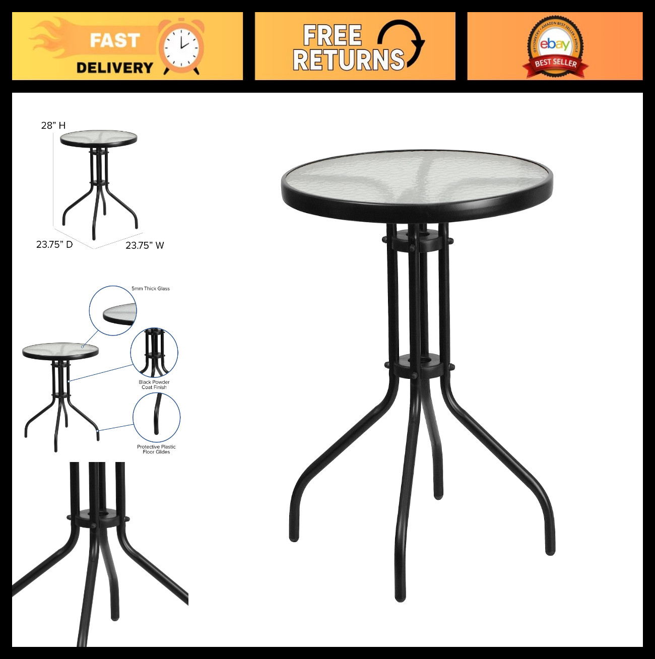 23.75" Round Indoor/Outdoor Tempered Glass Side Table - Metal Frame Accent Table gallery