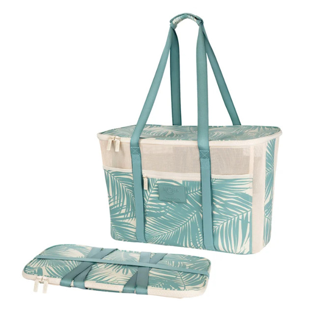 ALOHA Collection x CleverMade Collapsible Beach Tote Bag - Teal Palm Print - NEW